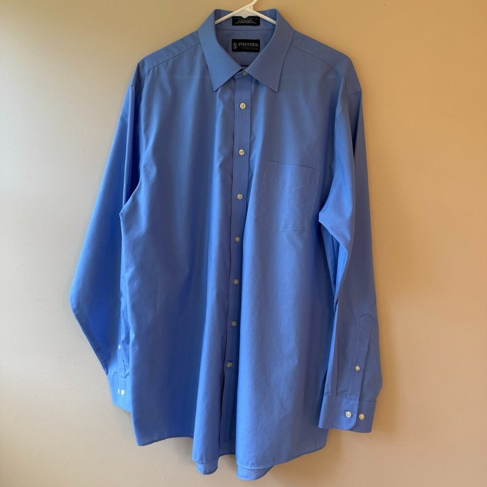 Stafford Men's Blue Button Up Dress Shirt Size 17.5 36/37 Regular Fit